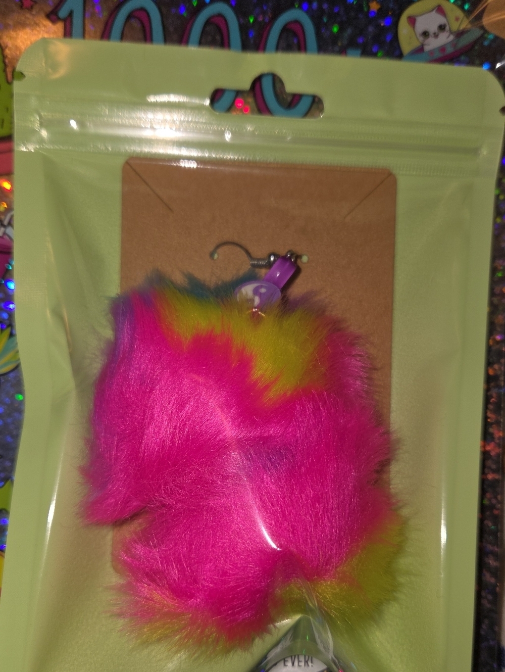 Faux Fur Pink & Yellow Drop Earrings – Plush Statement Accessory